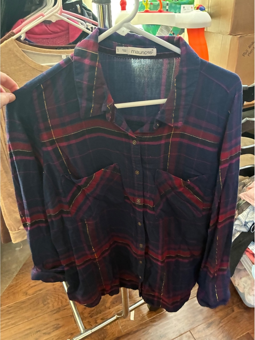 Maurices navy and pink plaid button front shirt